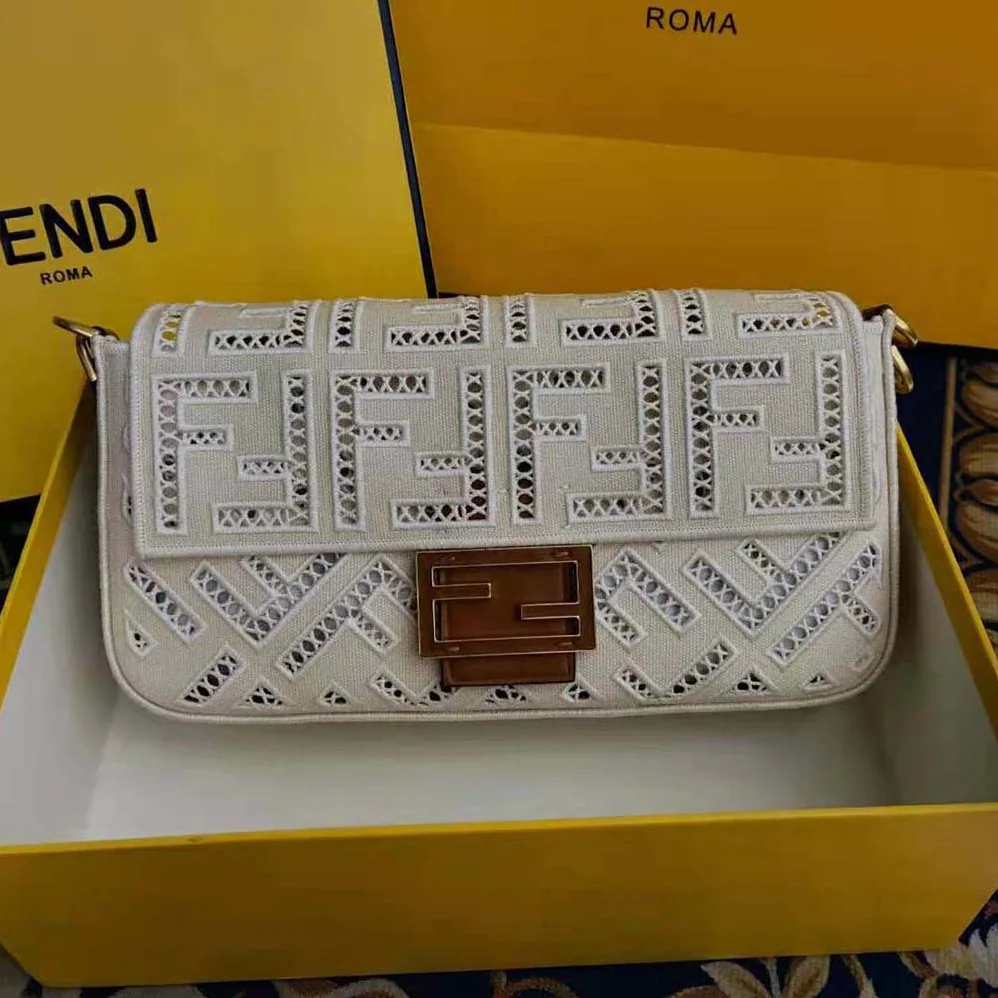 Fendi Baguette Canvas Bag with Embroidery for Women in White Fendi Baguette Canvas Bag with Embroidery for Women in White