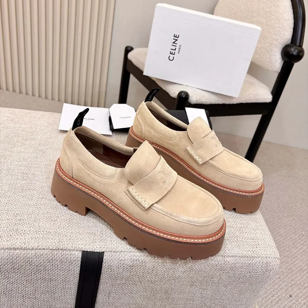 Celine Triomphe Loafers in Suede Calfskin for Women in Beige Celine Triomphe Loafers in Suede Calfskin for Women in Beige