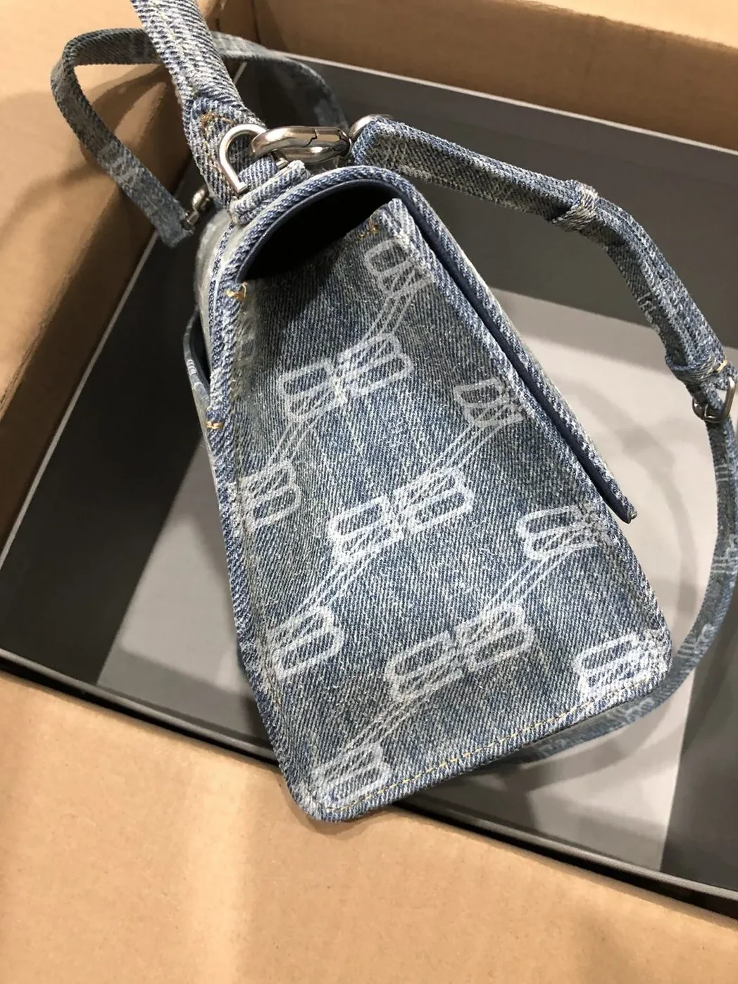Balenciaga Hourglass Small Handbag Bb Monogram Bleached Denim In Blue / Balenciaga Hourglass Small Handbag Bb Monogram Bleached Denim In Blue /