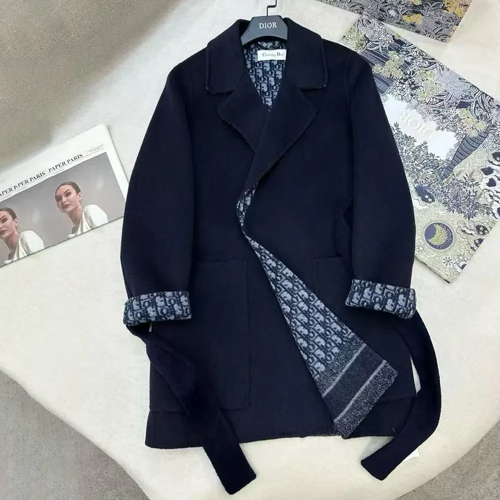 Dior Coat Blue Double for Women in Sided Wool