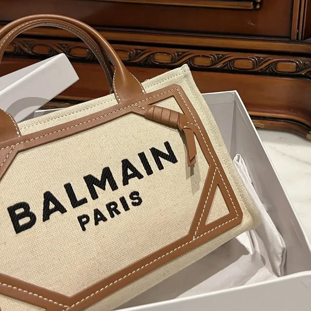 Balmain B-Army Small Canvas Shopping Bag with Leather Inserts for Women Balmain B-Army Small Canvas Shopping Bag with Leather Inserts for Women