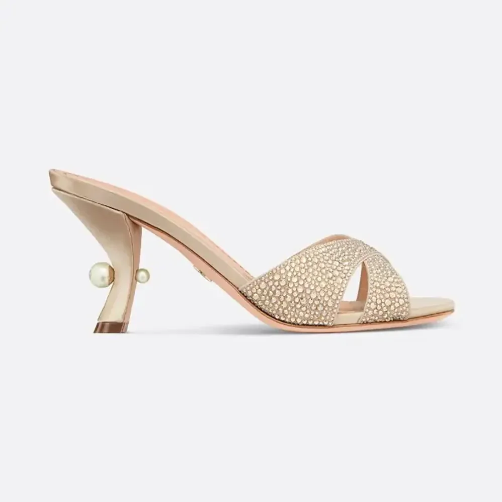 Dior Dior Tribales Heeled Slide Beige Suede Calfskin and Gold for Women in Tone Strass Dior Dior Tribales Heeled Slide Beige Suede Calfskin and Gold for Women in Tone Strass