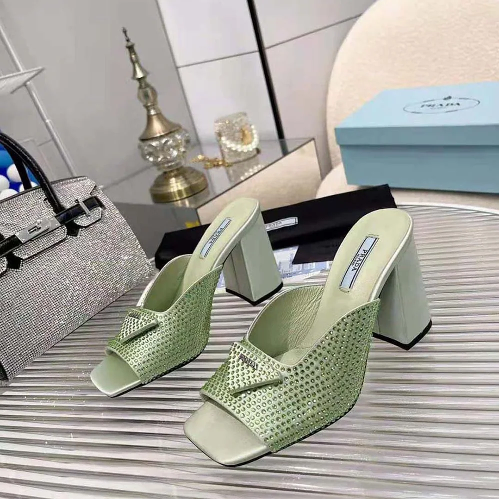 Prada High-heeled Satin Slides with Crystals for Women in Auqa Prada High-heeled Satin Slides with Crystals for Women in Auqa