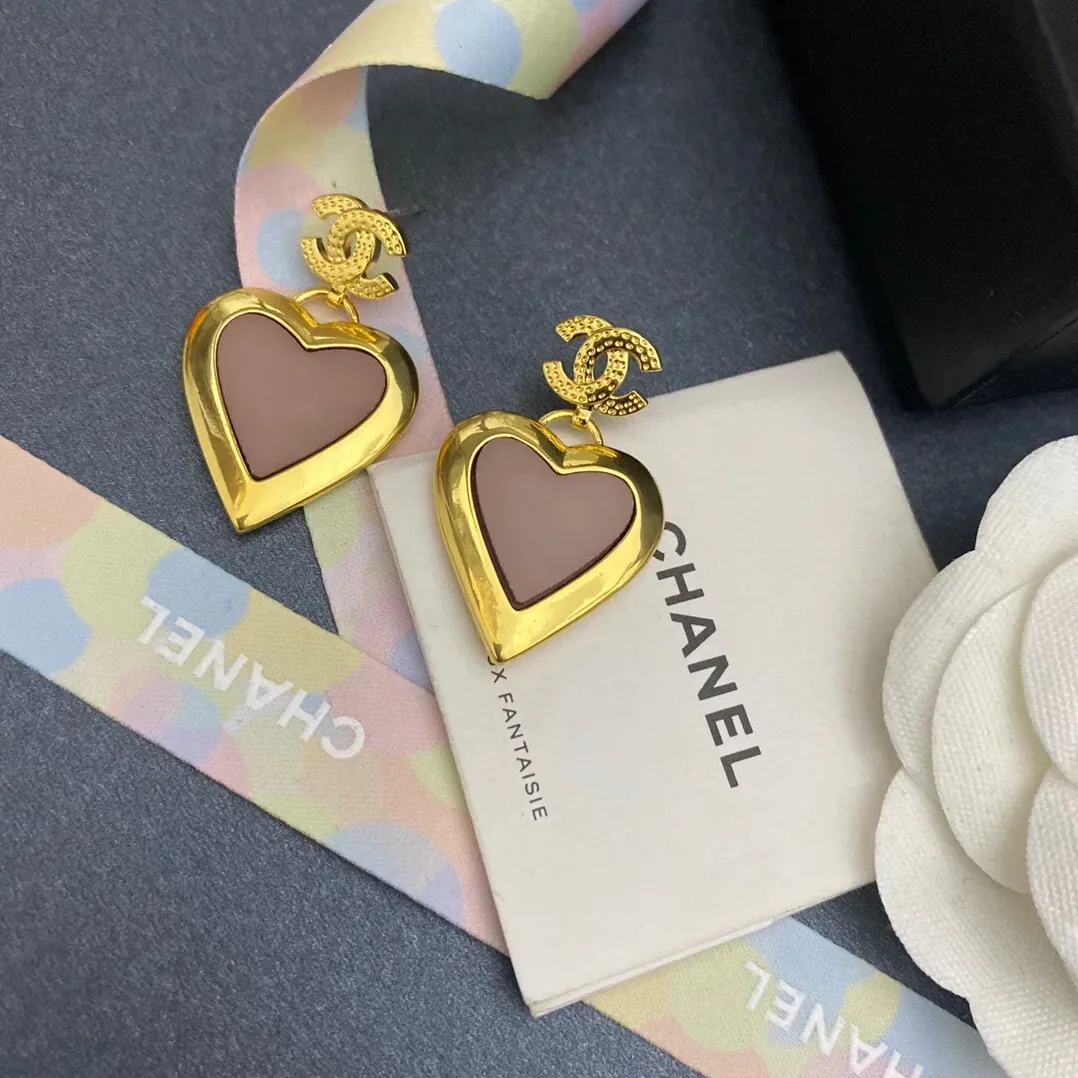 Chanel Yellow Thick Border Heart Earrings Gold Tone