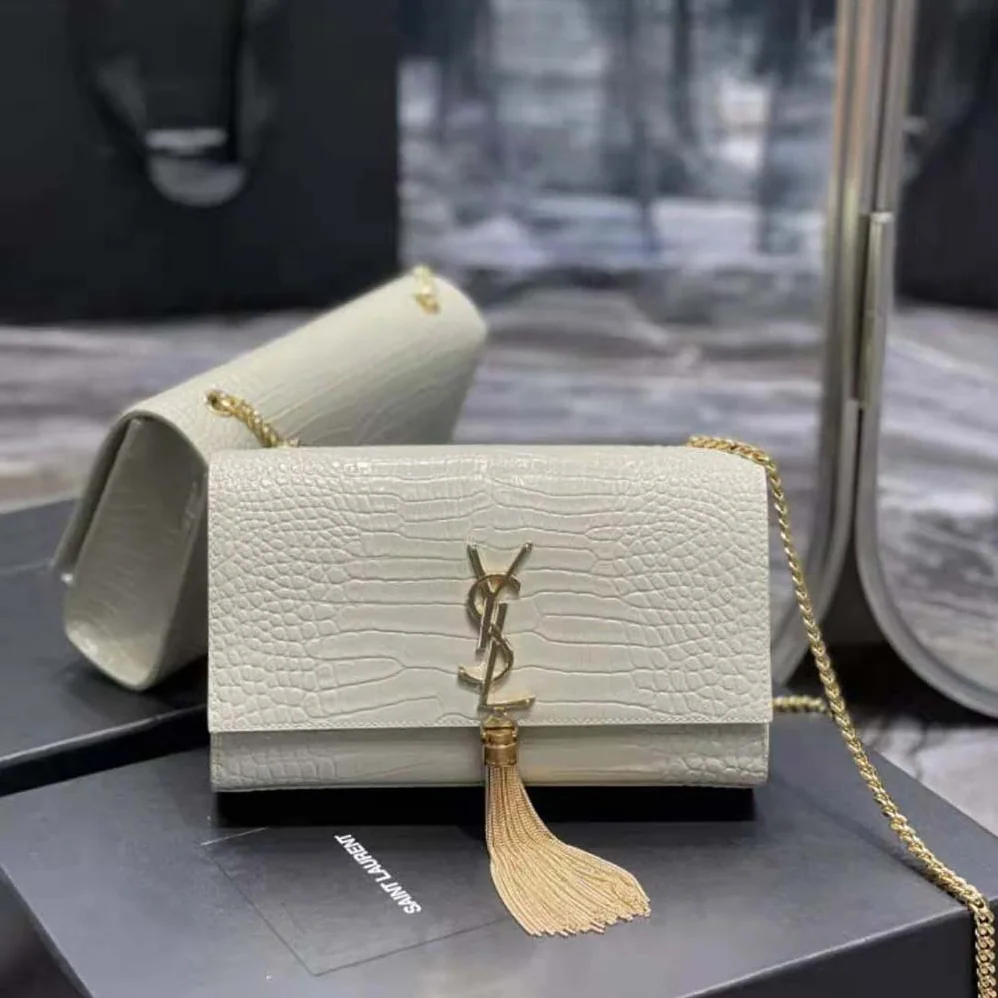 Saint Laurent YSL Kate Medium with Tassel in Crocodile-Embossed Shiny Leather for Women in White Saint Laurent YSL Kate Medium with Tassel in Crocodile-Embossed Shiny Leather for Women in White