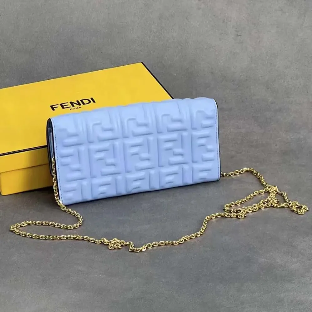Fendi Baguette Continental Wallet With Chain Blue Nappa Leather Wallet for Women