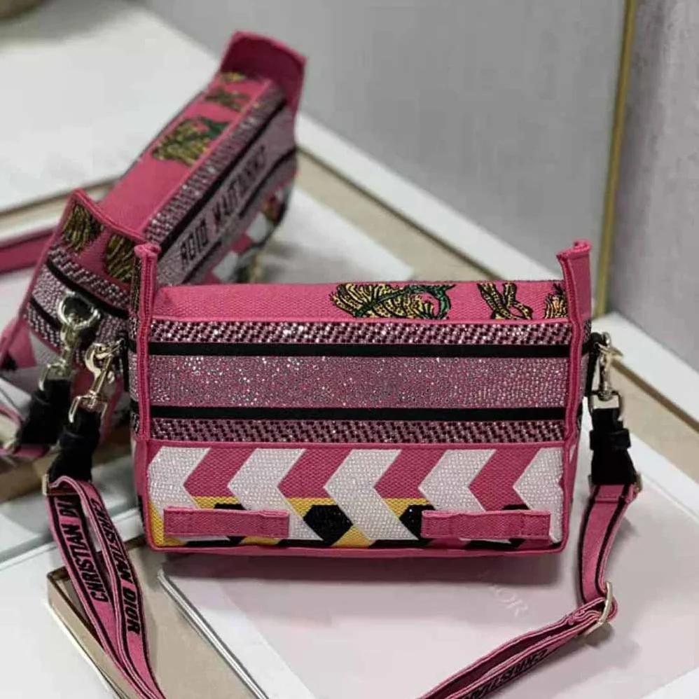 Dior Small Diorcamp Bag Pink Multicolor Toile de Jouy Zoom Technical Canvas with Strass for Women