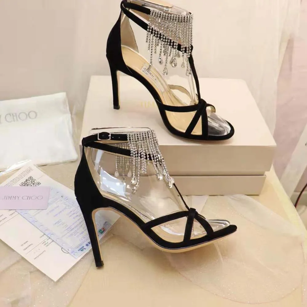 Jimmy Choo Bijou 100 Black Suede Sandals with Crystal Drape for Women