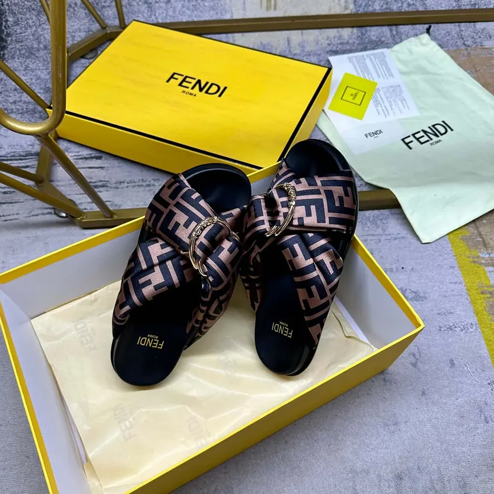 Fendi Feel Brown FF Satin Slides for Women