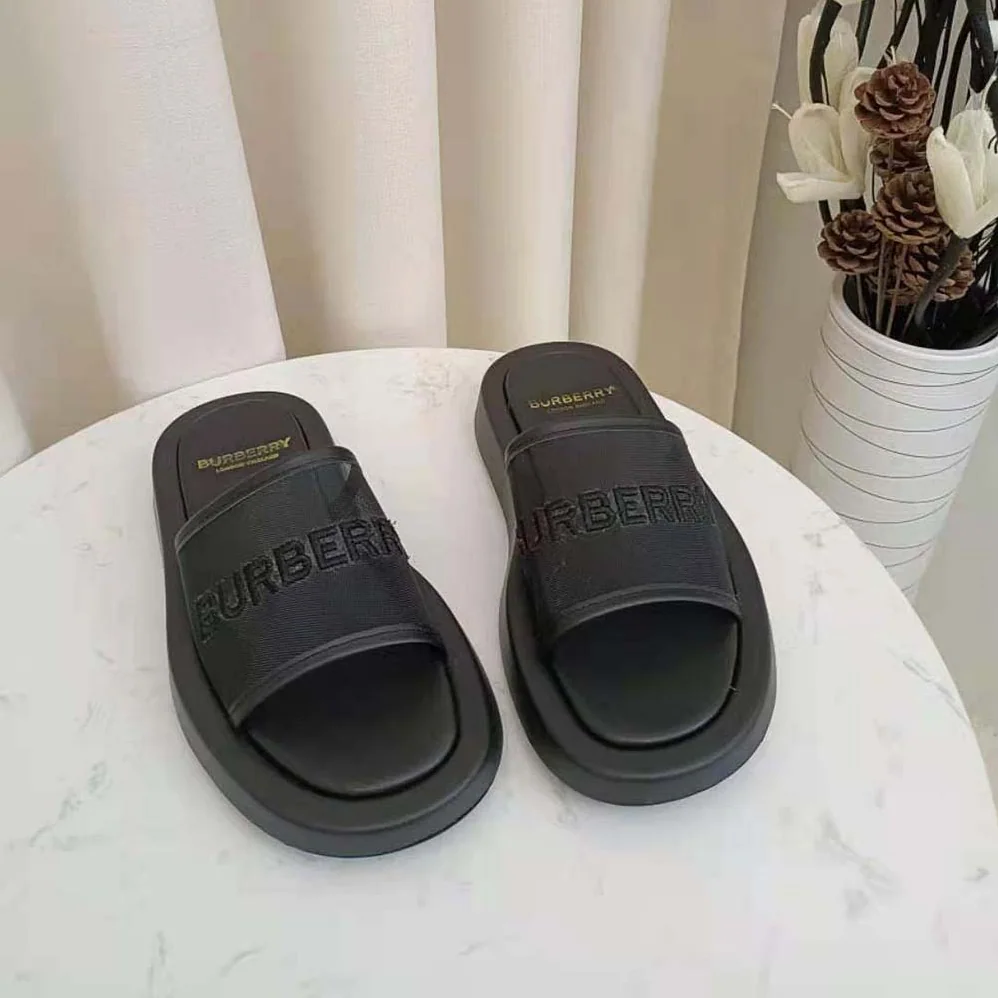 Burberry Embroidered Logo Mesh and Leather Slides for Women Burberry Embroidered Logo Mesh and Leather Slides for Women