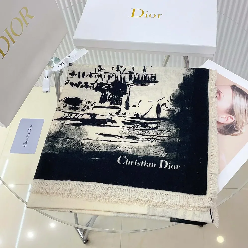 Dior Paris 90 Square Scarf Ecru and Black Silk Twill for Unisex