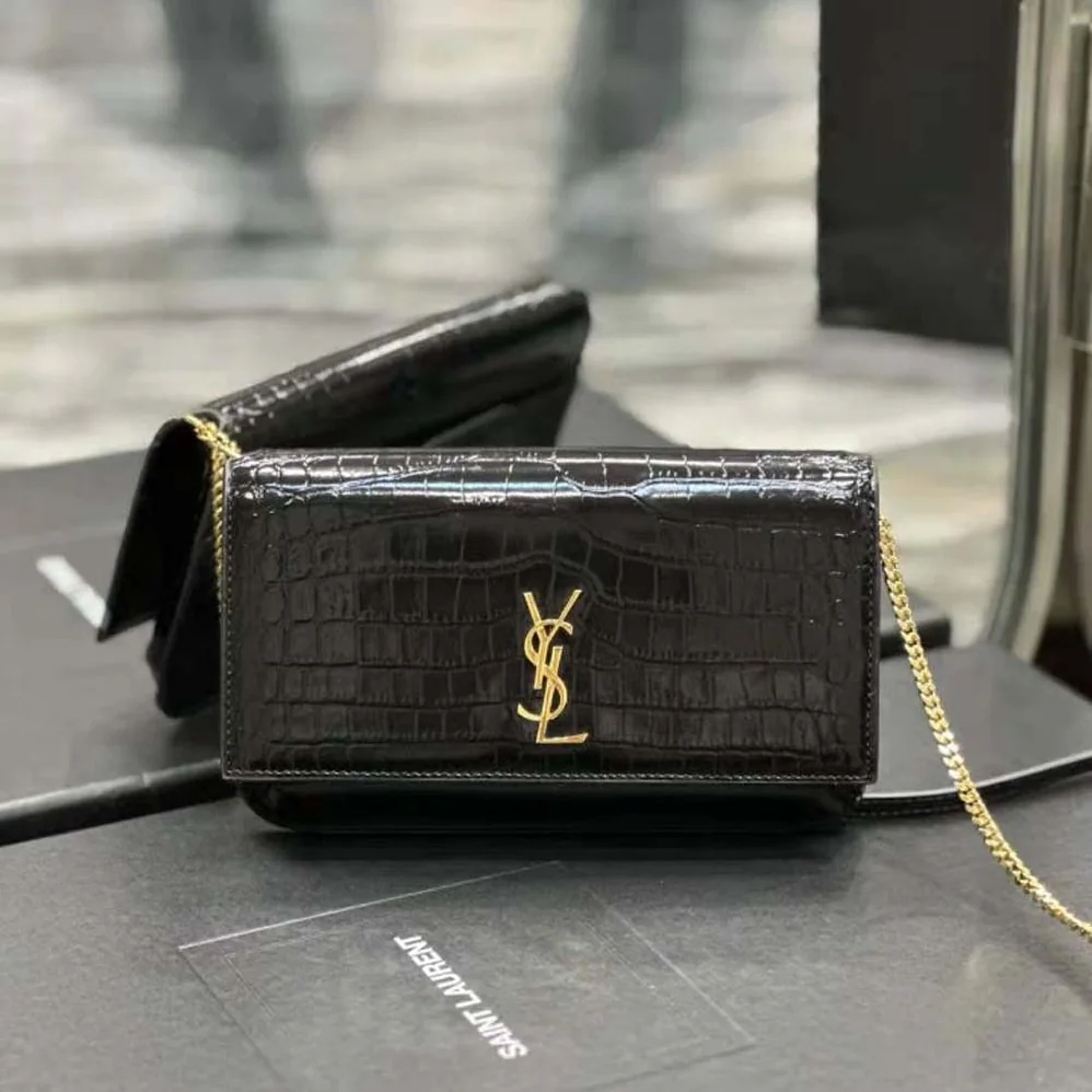 Saint Laurent YSL Cassandre Phone Holder with Strap in Shiny Crocodile-Embossed Leather for Women in Black Saint Laurent YSL Cassandre Phone Holder with Strap in Shiny Crocodile-Embossed Leather for Women in Black