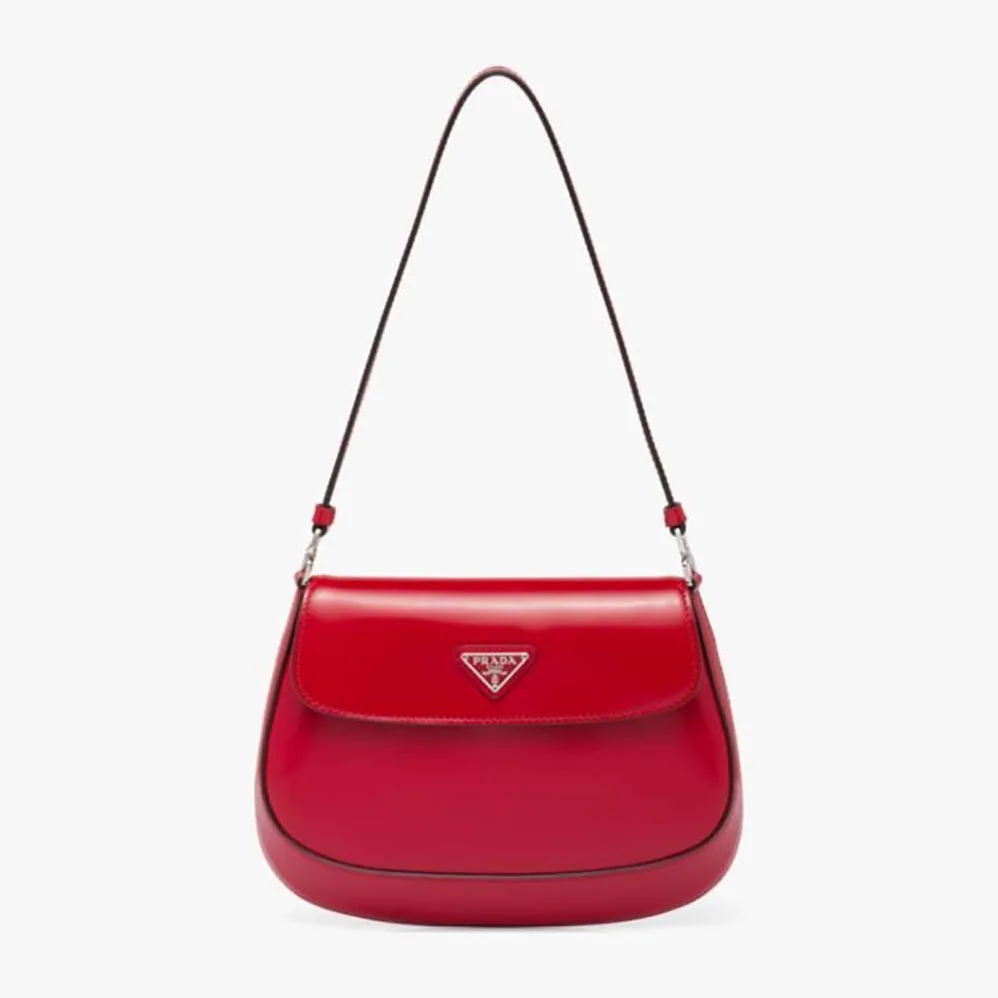 Prada Cleo Brushed Leather Shoulder Bag with Flap for Women in Red