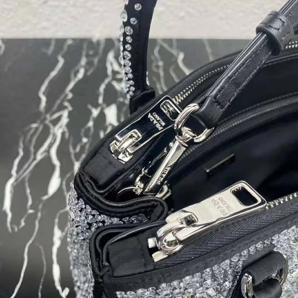 Prada Galleria Satin Mini-Bag with Crystals for Women in Black Prada Galleria Satin Mini-Bag with Crystals for Women in Black