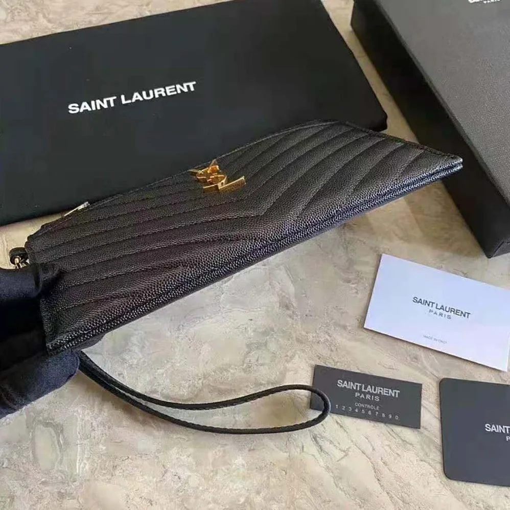 Saint Laurent YSL Large Monogram Bill Pouch in Grain DE Poudre Embossed Leather for Women in Black