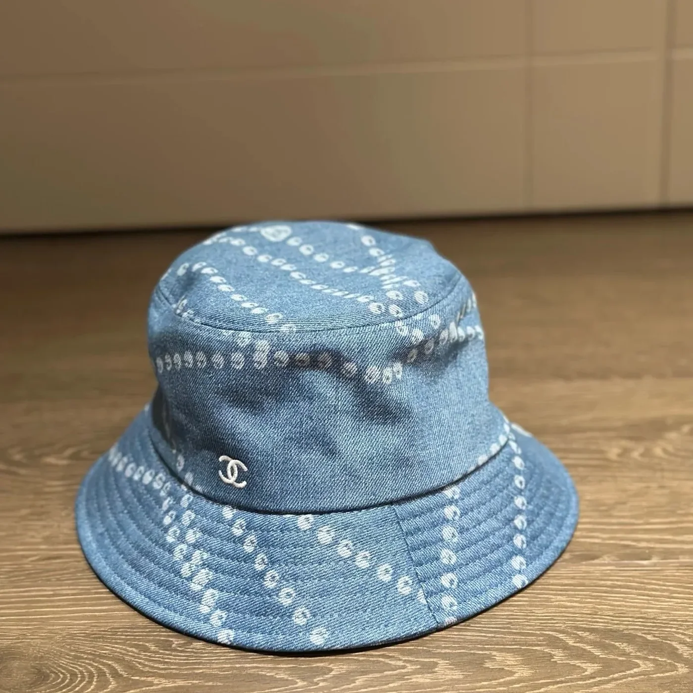 Chanel Pearl Print Bucket Hat Blue Denim Chanel Pearl Print Bucket Hat Blue Denim