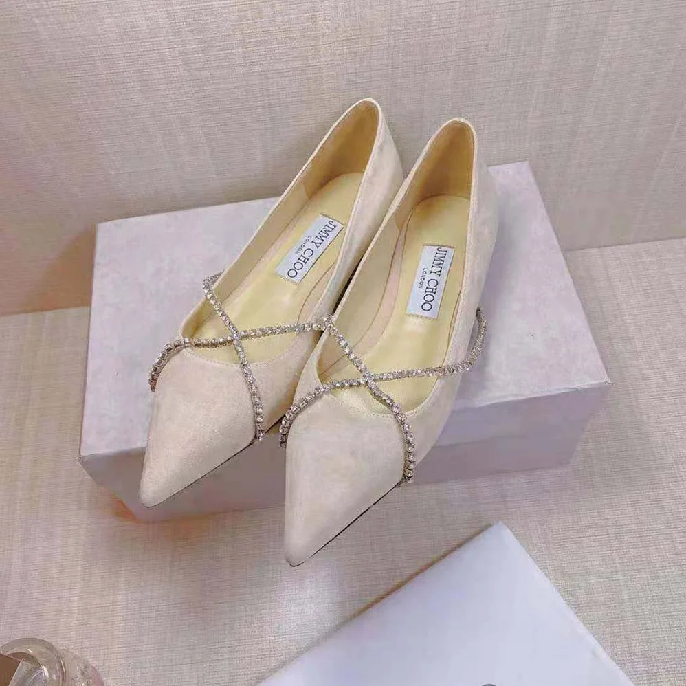 Jimmy Choo Genevi Flat Ballet Pink Pointed-Toe Flats with Crystal Chain for Women