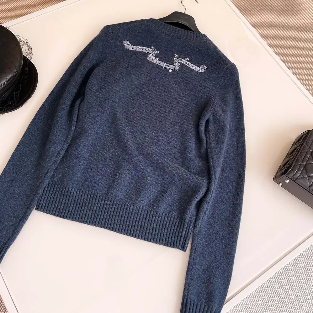 Dior Embroidered Sweater Blue Cashmere Knit for Women