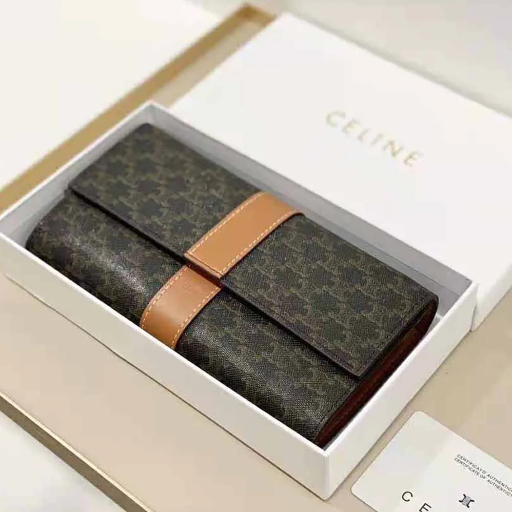 Celine Large Flap Wallet in Triomphe Canvas and Lambskin for Women Celine Large Flap Wallet in Triomphe Canvas and Lambskin for Women