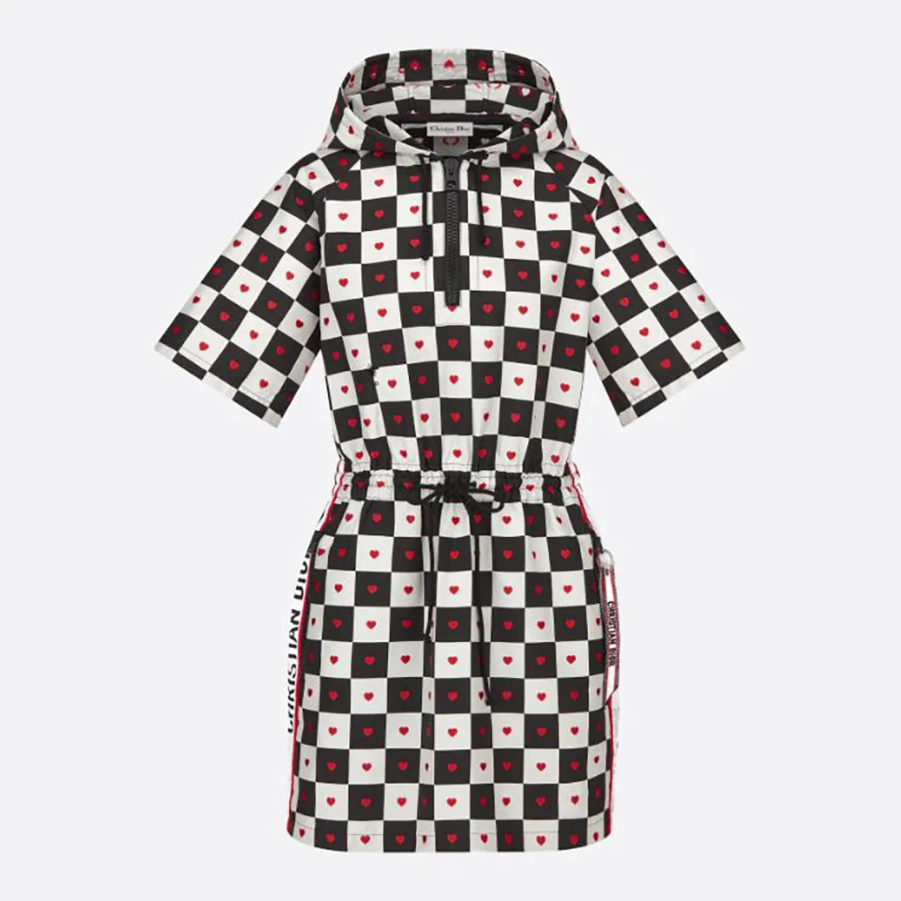 Dior Dioramour Hooded Short Dress Black White and Red D-Chess Heart Technical Taffeta Jacquard for Women Dior Dioramour Hooded Short Dress Black White and Red D-Chess Heart Technical Taffeta Jacquard for Women