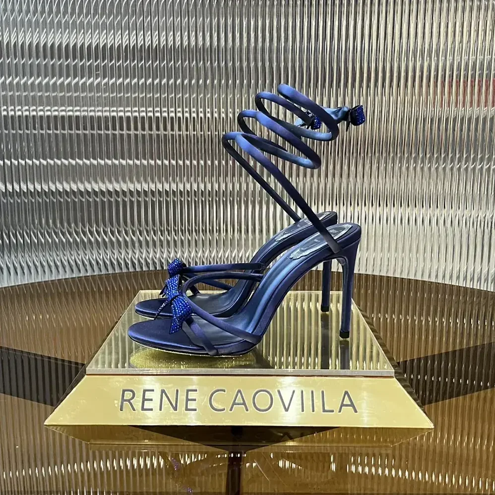 Rene Caovilla Cleo Midnight Blue Sandal with Bows 105 for Women Rene Caovilla Cleo Midnight Blue Sandal with Bows 105 for Women