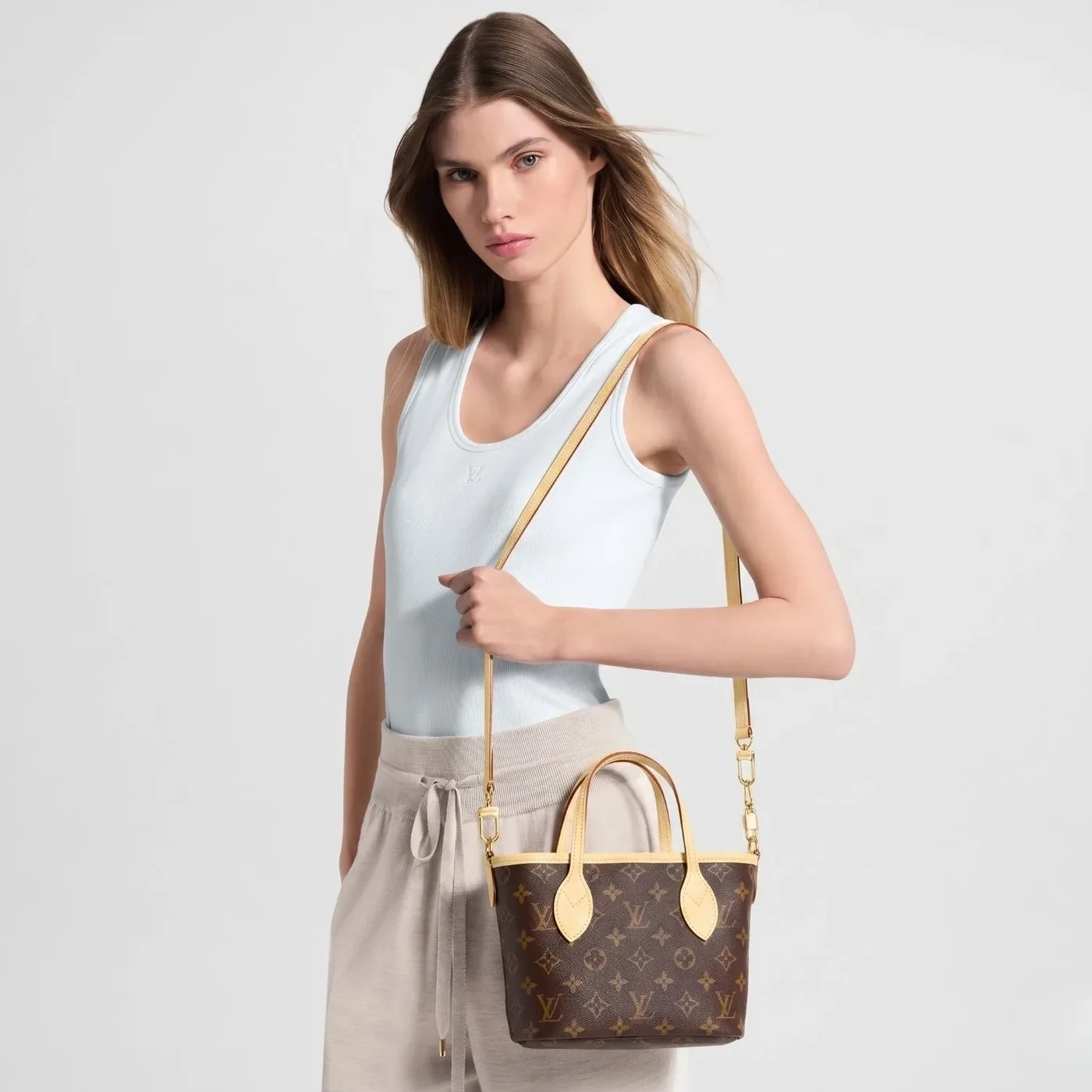 Louis Vuitton Neverfull Bandouliere Inside Out BB Tote Bag in Banane Monogram Gold Hardware