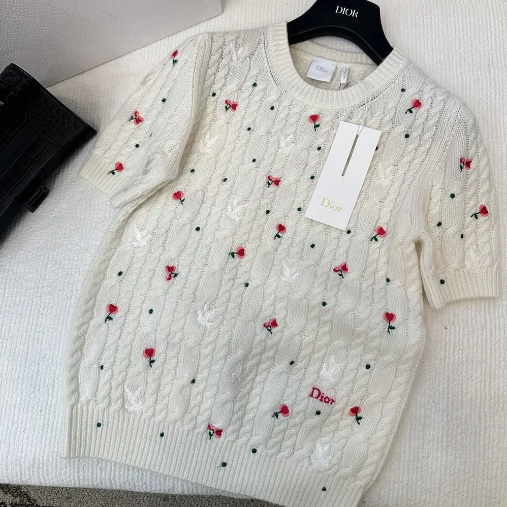 Dior Dioramour Embroidered Short-Sleeved Sweater Ecru Cashmere Cable for Women in Knit