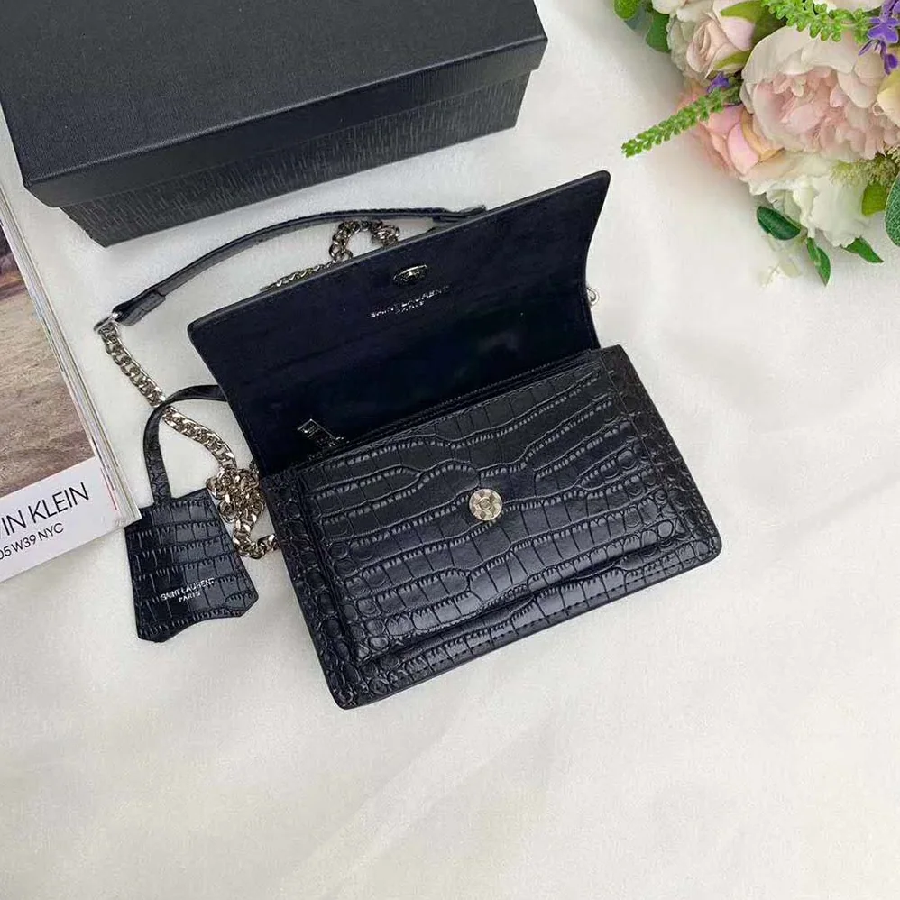 Saint Laurent YSL Sunset Medium Crocodile Embossed Shiny for Women in Black