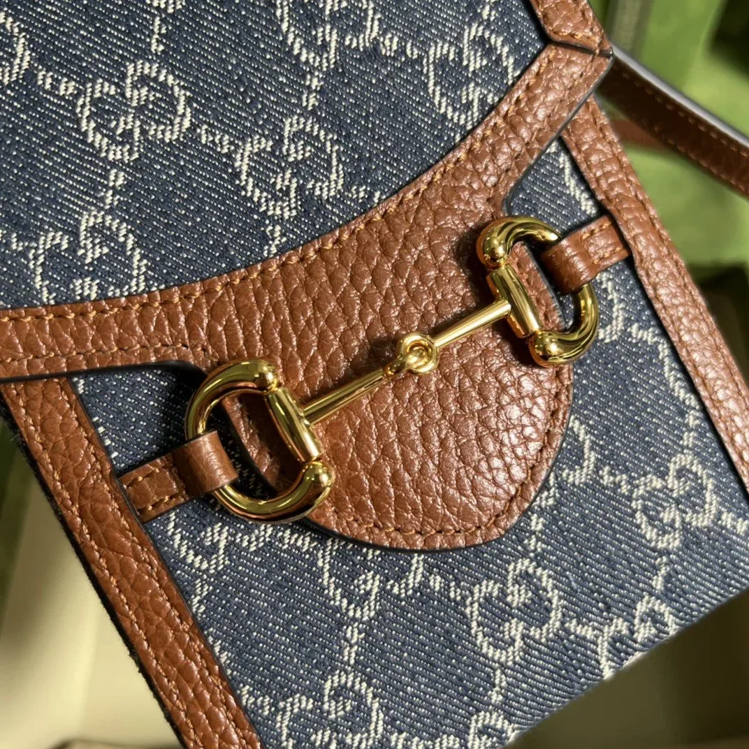 Gucci Horsebit 1955 Mini Bag Blue And Ivory GG Denim Jacquard /