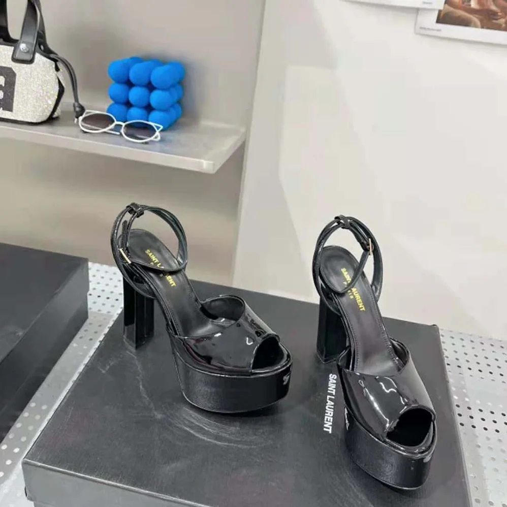 Saint Laurent YSL Jodie Platform Sandals in Patent Leather for Women in Black