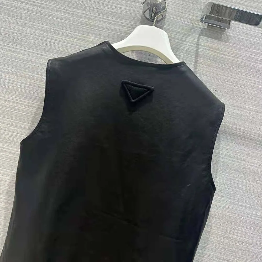 Prada Leather Dress with Knit Triangle Logo for Women in Black Prada Leather Dress with Knit Triangle Logo for Women in Black