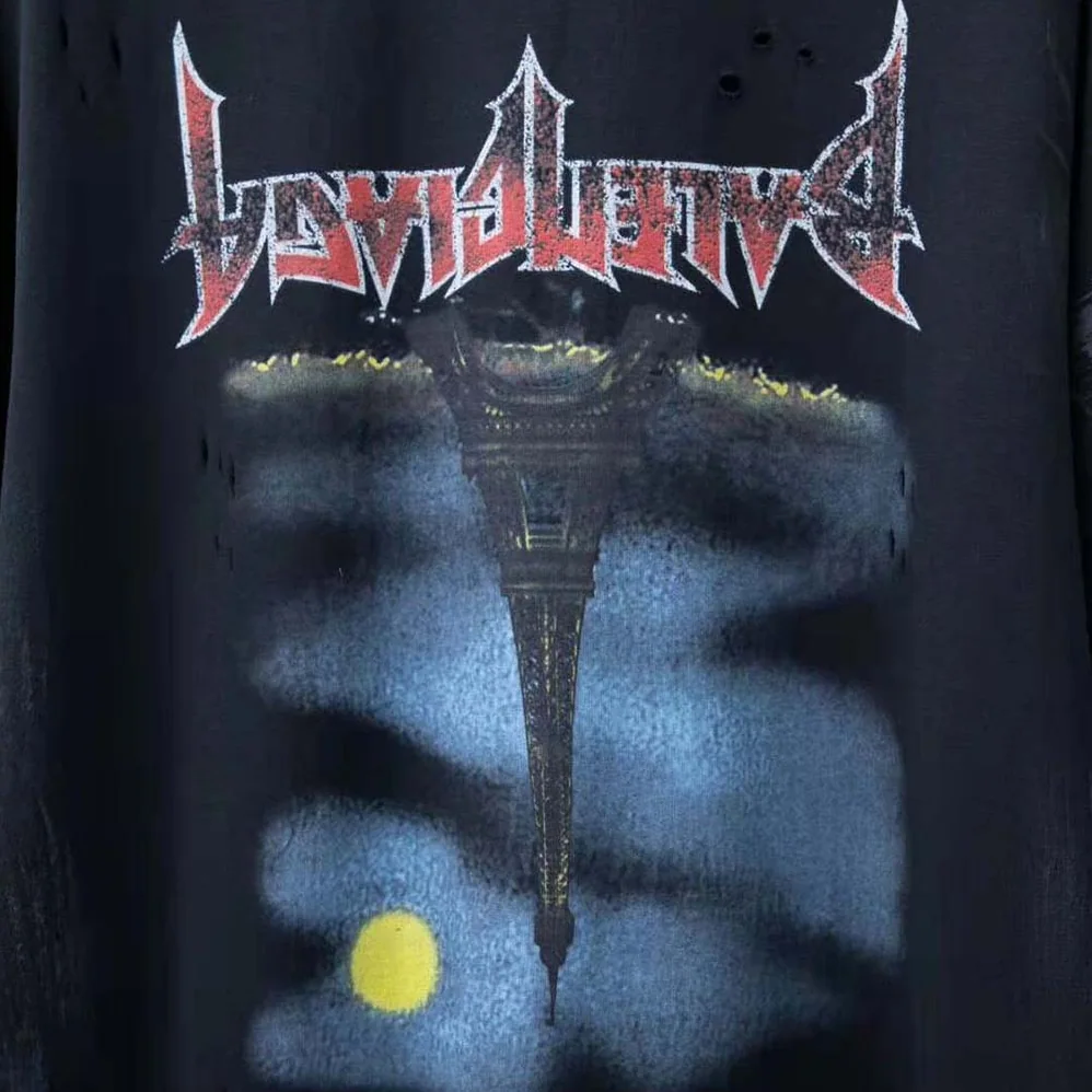 Balenciaga Paris Moon Upside Down Long Sleeve T-Shirt Oversized in Black Faded for Men Balenciaga Paris Moon Upside Down Long Sleeve T-Shirt Oversized in Black Faded for Men