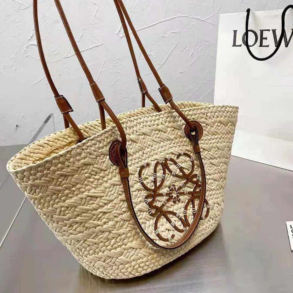 Loewe Medium Anagram Basket Bag in Iraca Palm and Calfskin for Women