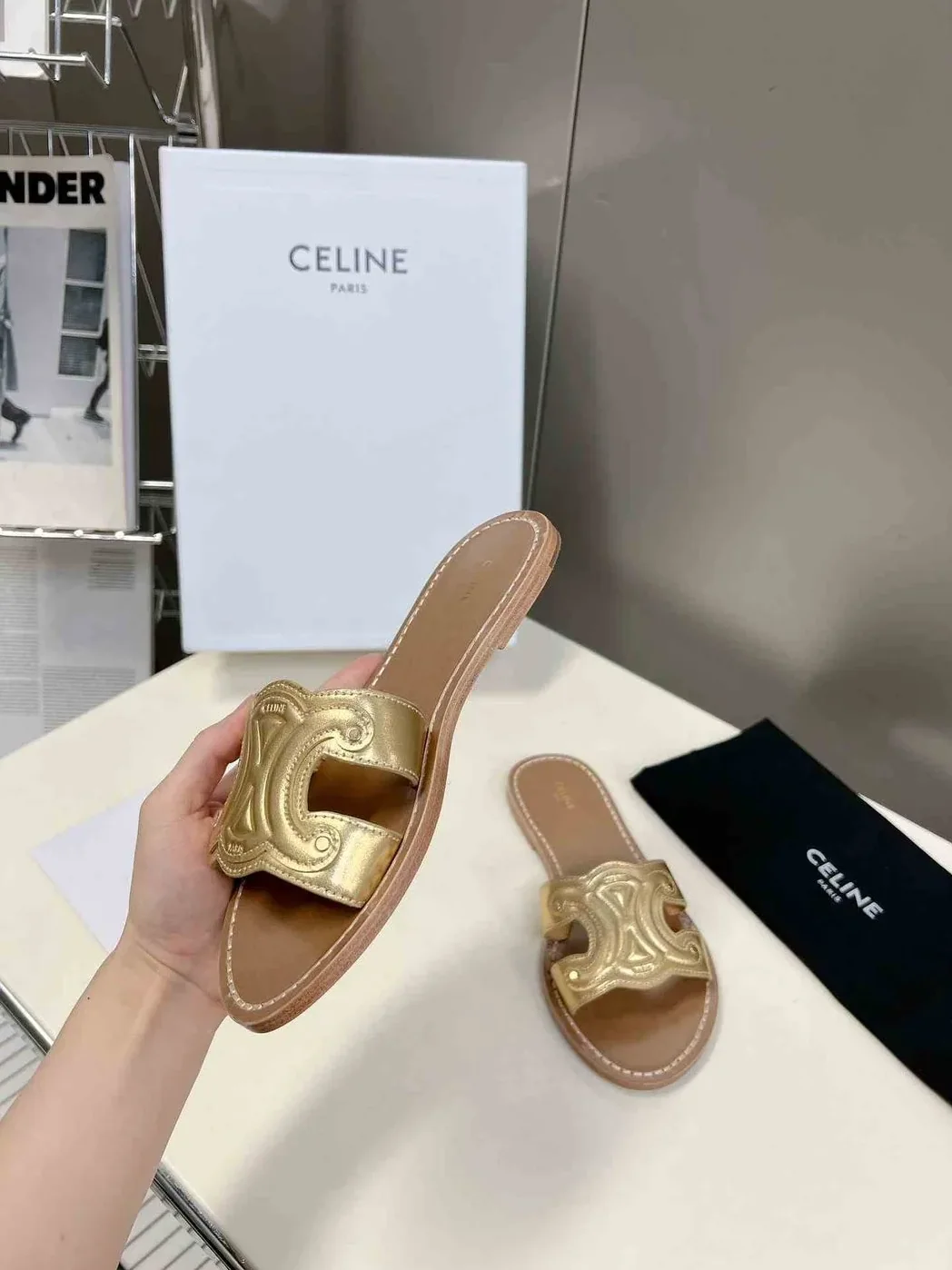 Celine Triomphe Mule In Metalized Gole Tone