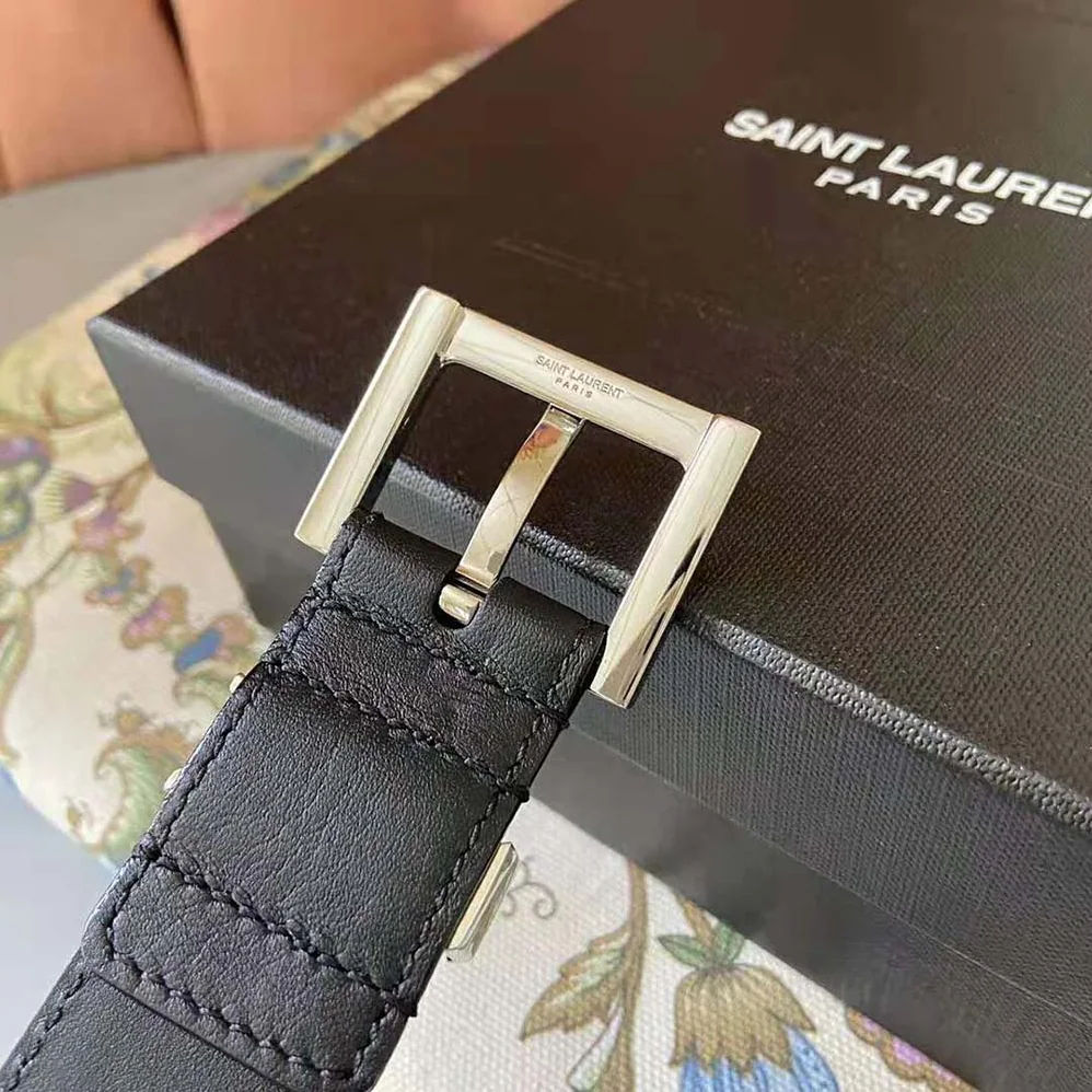 Saint Laurent YSL Monogram Narrow Belt with Square Buckle in Smooth Leather for Women