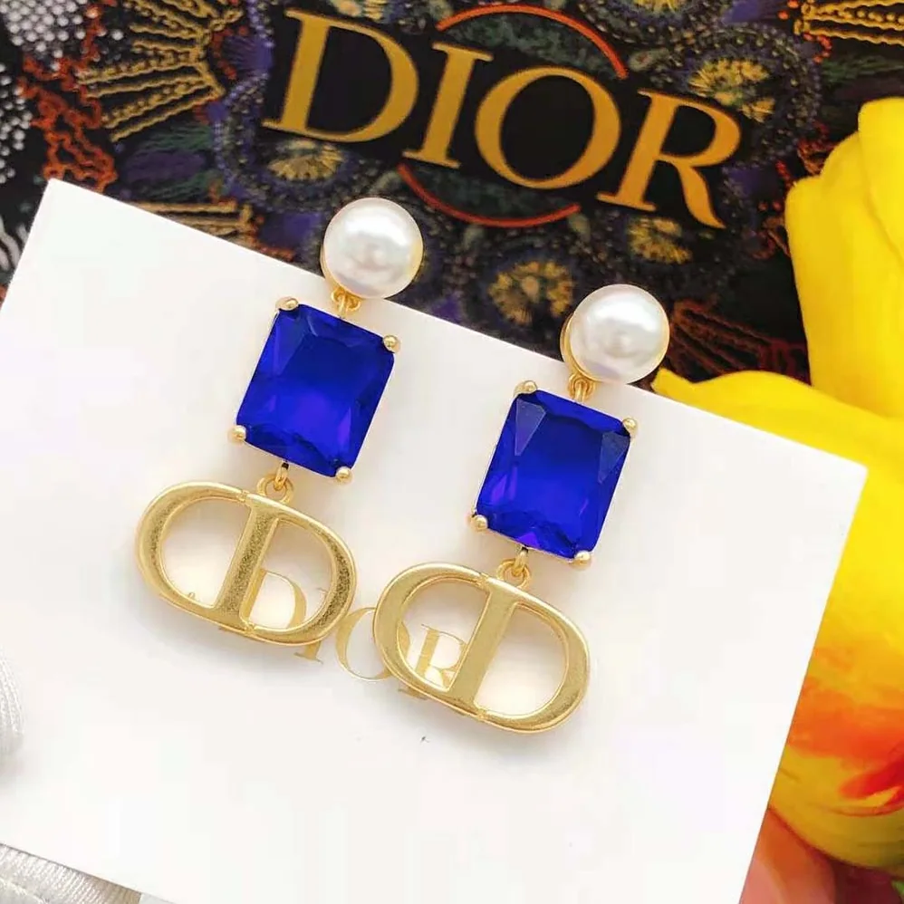 Dior Petit CD Earrings Gold-Finish Metal with White Resin Pearls and Fluorescent Blue Crystals for Women