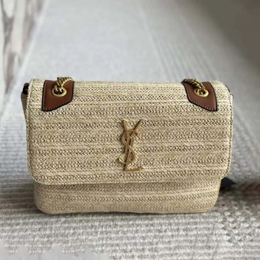 Saint Laurent YSL Niki Medium Chain Bag in Raffia and Leather for Women in Natural Saint Laurent YSL Niki Medium Chain Bag in Raffia and Leather for Women in Natural