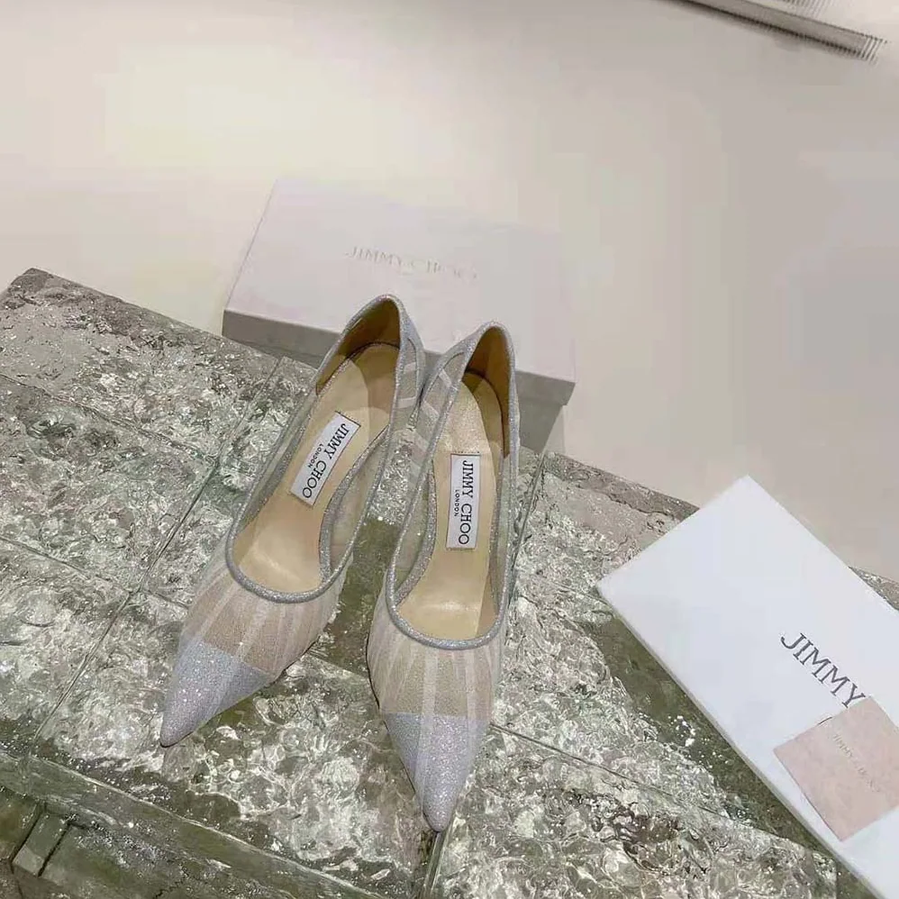 Jimmy Choo Love 100 Metallic Silver Glitter Fabric Pumps with Ivory Tulle Overlay for Women Jimmy Choo Love 100 Metallic Silver Glitter Fabric Pumps with Ivory Tulle Overlay for Women