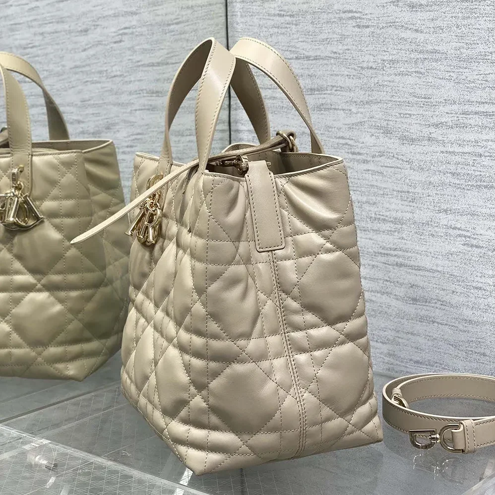 Dior Medium Dior Toujours Vertical Tote Bag Powder Beige Macrocannage Calfskin for Women