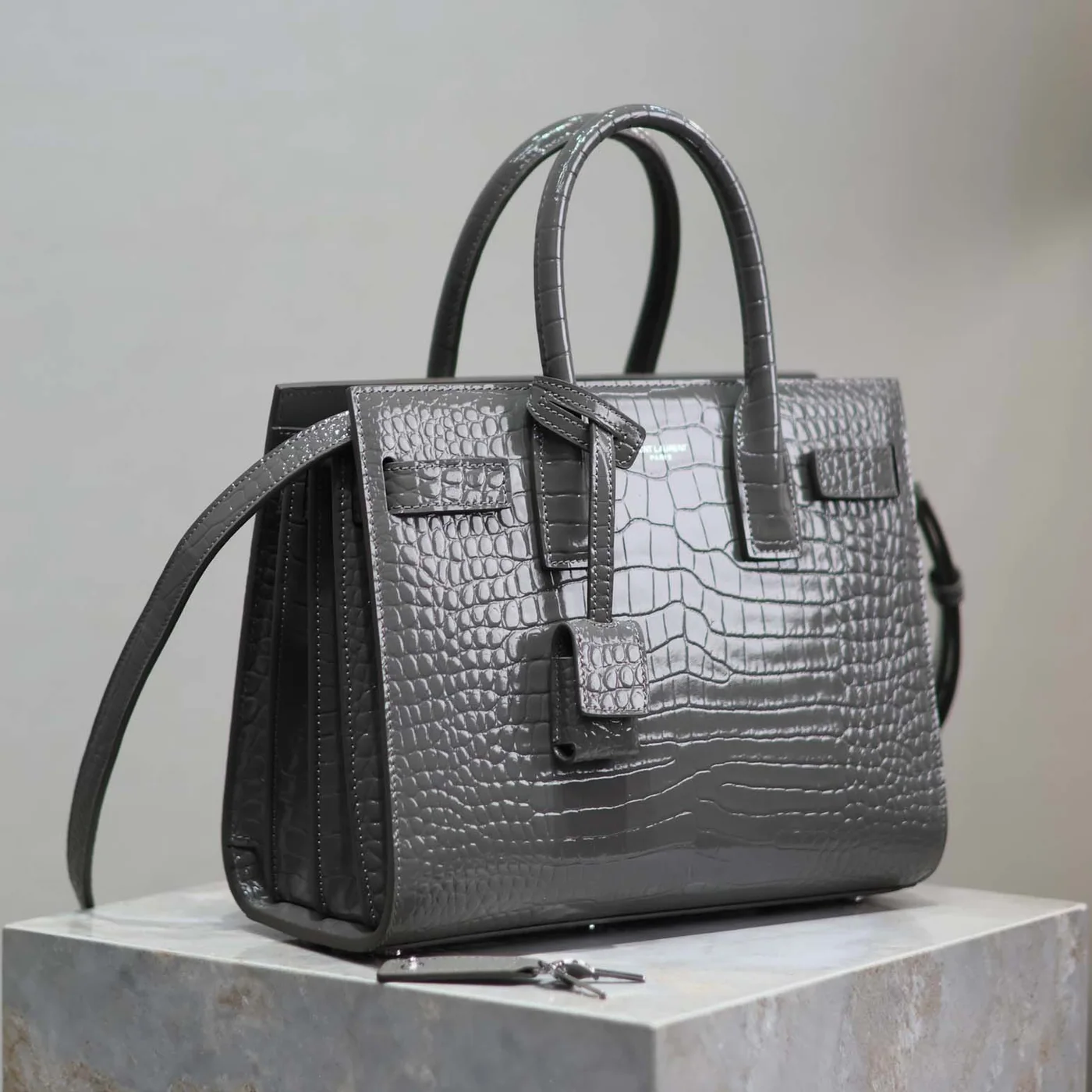 Saint Laurent YSL Sac De Jour in Embossed Crocodile Leather Baby for Women in Silver