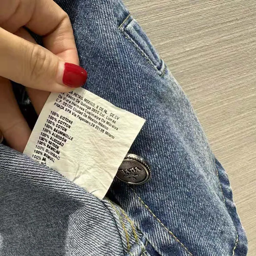 Prada Denim Blouson Jacket with Enameled Metal Triangle Logo for Women