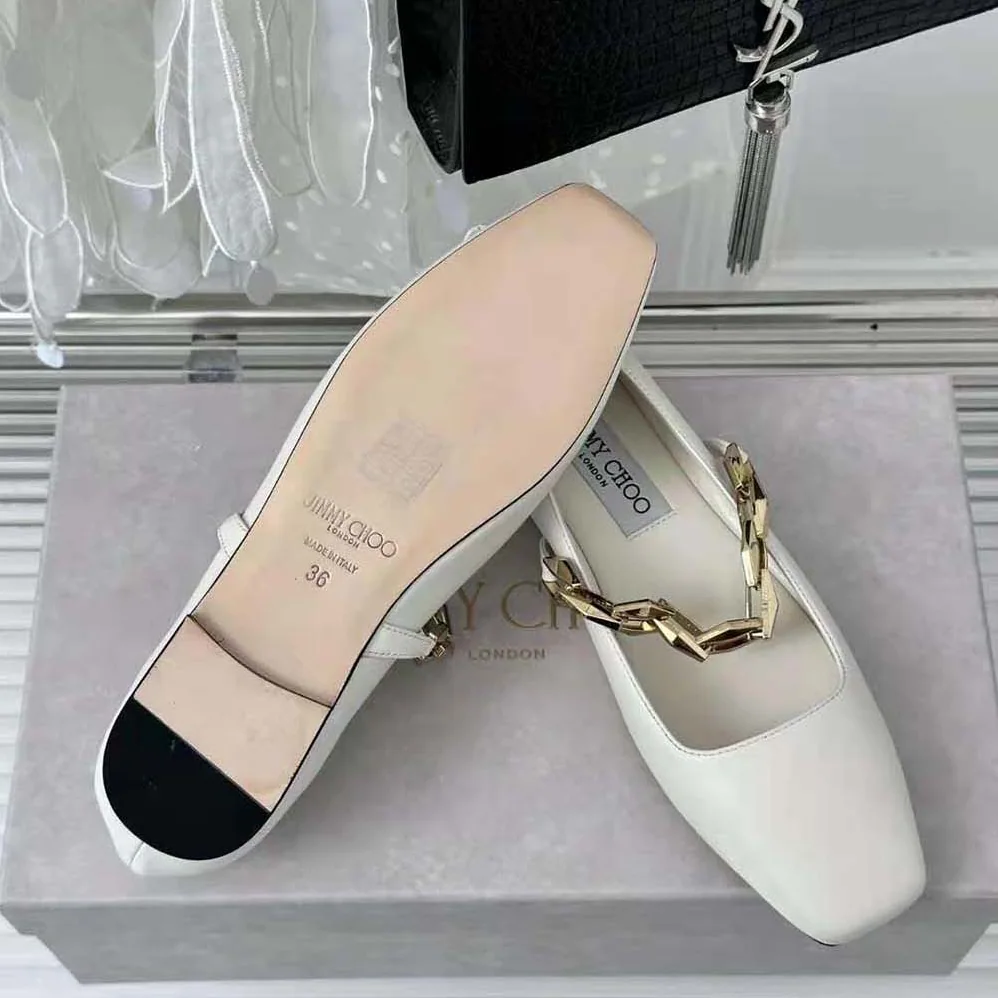 Jimmy Choo Diamond Tilda Flat Black Nappa Leather Flats with Chain for Women in White