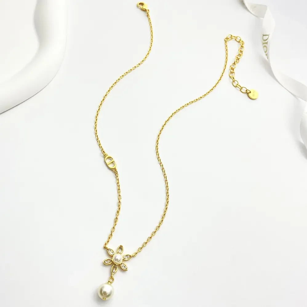 Dior Bloom in Dior Necklace Gold-Finish Metal with White Resin Pearls and Silver for Women in Tone Crystals