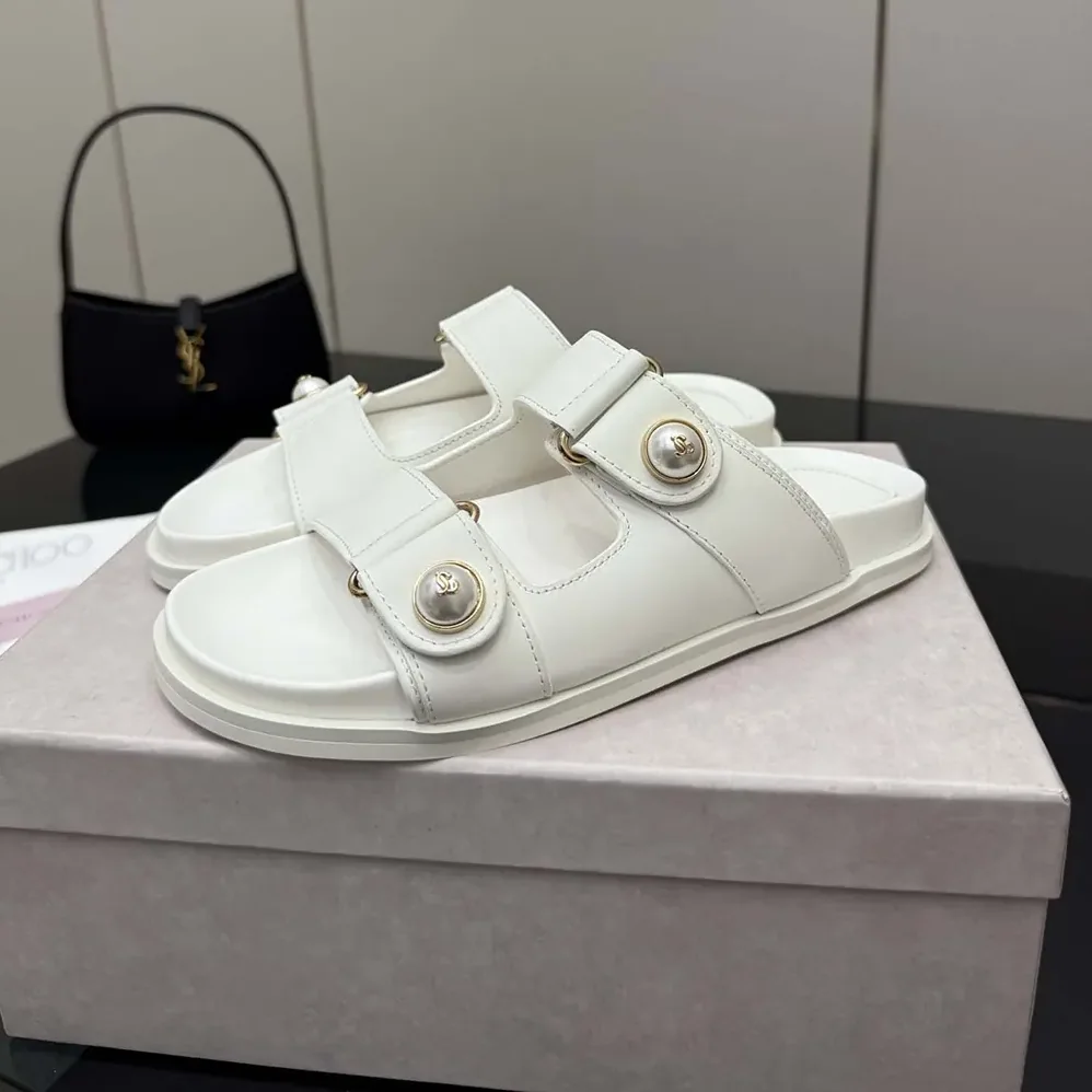 Jimmy Choo Fayence Sandal Latte Leather Flat Sandals with Pearl Embellishment for Women