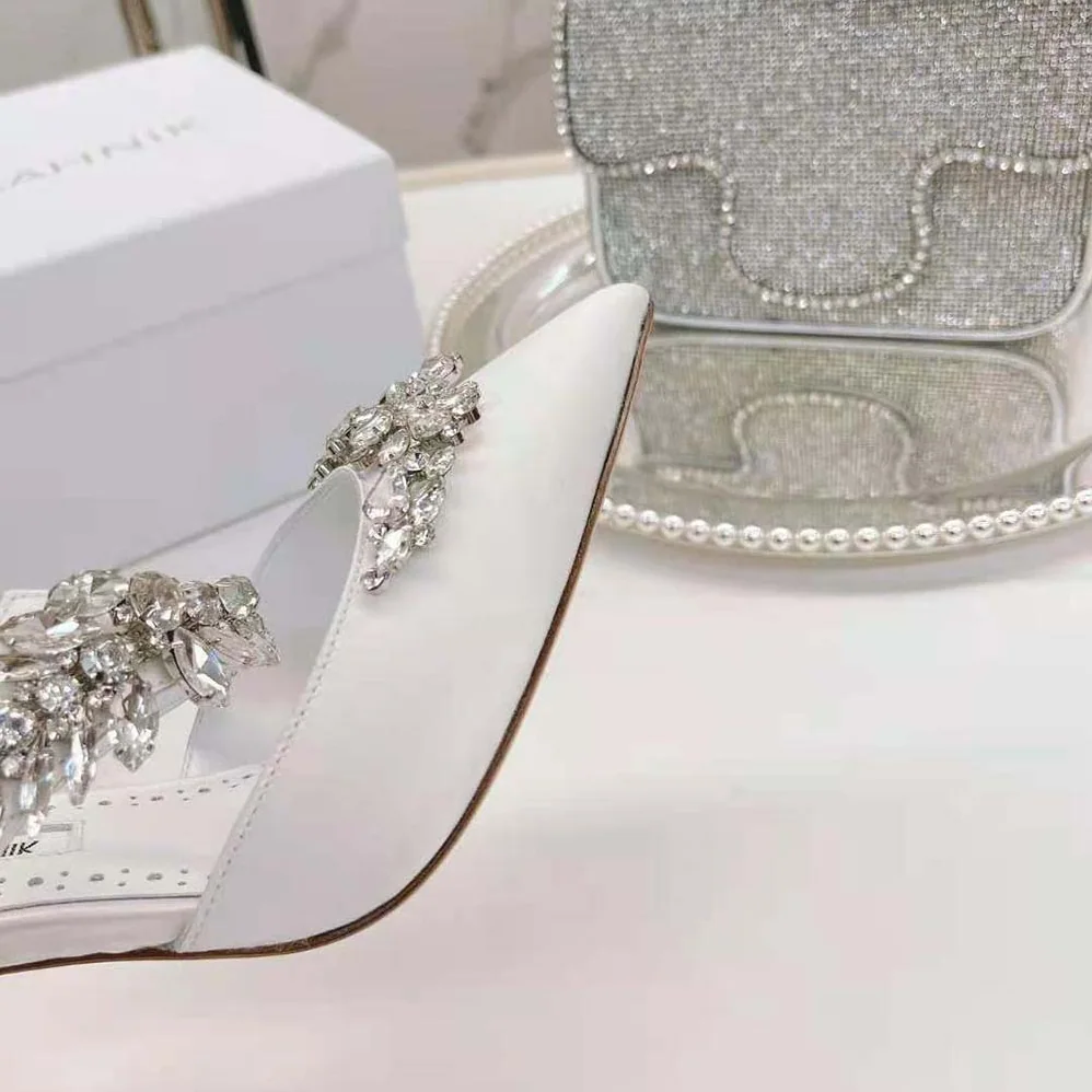 Manolo Blahnik White Satin Crystal Embellished Mules for Women