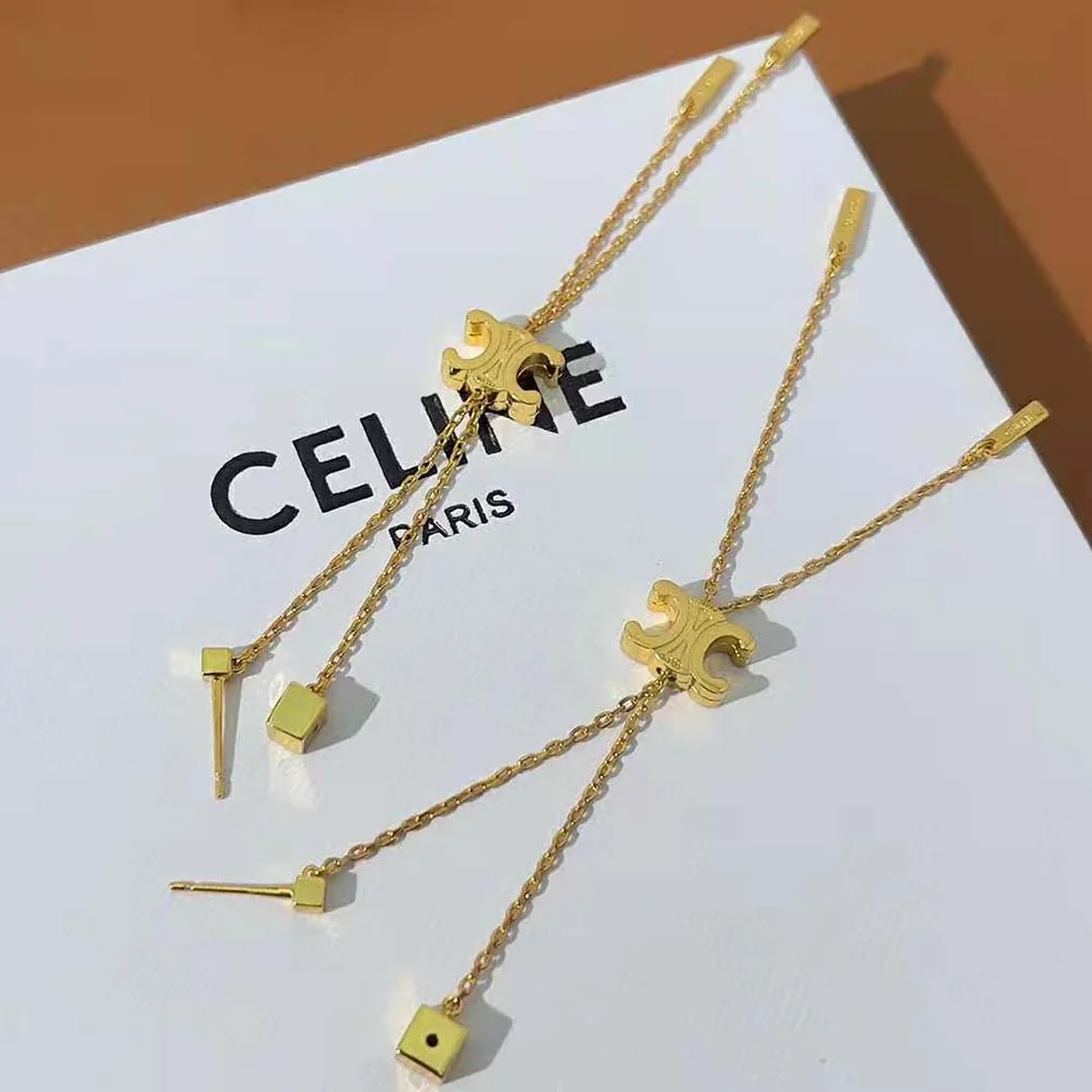 Celine Triomphe Sliding Earrings in Brass with Gold Finish for Women