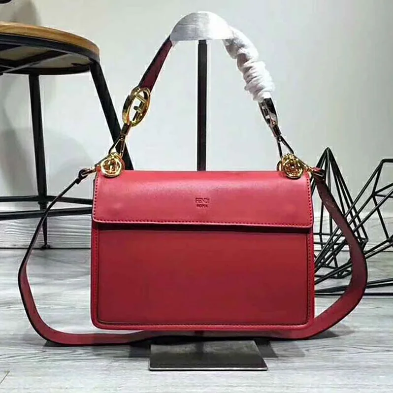 Fendi KAN I F Top Flap Leather Bag with Strap in Red