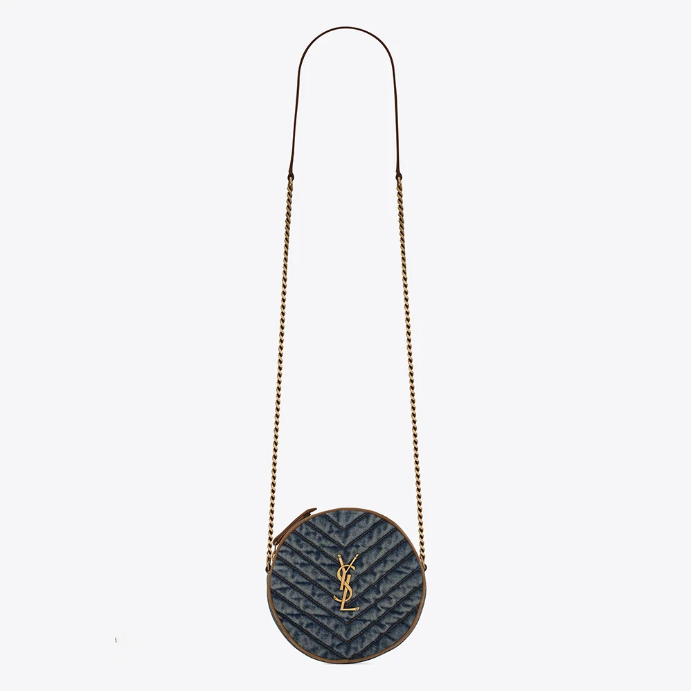 Saint Laurent YSL Vinyle Round Camera Bag in Chevron for Women in Quilted Denim and Suede Saint Laurent YSL Vinyle Round Camera Bag in Chevron for Women in Quilted Denim and Suede