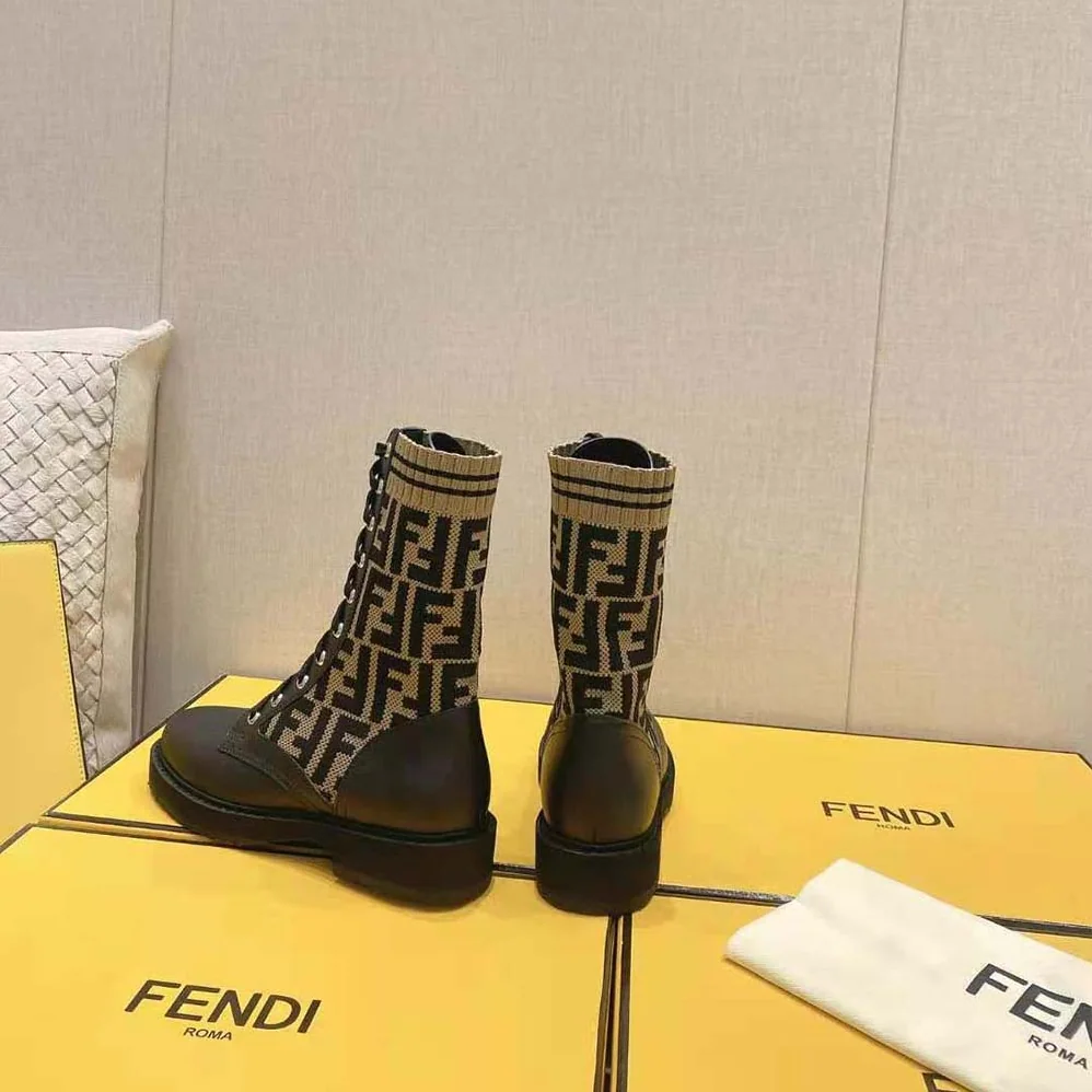 Fendi Rockoko Black/Brown Leather Biker Boots with Stretch Fabric for Women