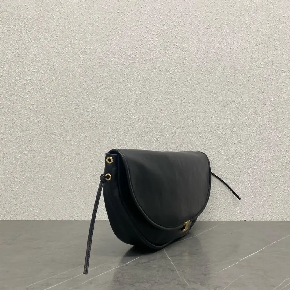 Celine Halfmoon Soft Triomphe Bag in Supple Shiny Lambskin for Women in Black